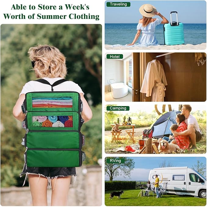 Suitcase Organizer - Carry On Closet Luggage Organizers Accessories - Foldable & Hangable Portable Hanging Travel Shelves with Shoulder Strap - Medium, Green