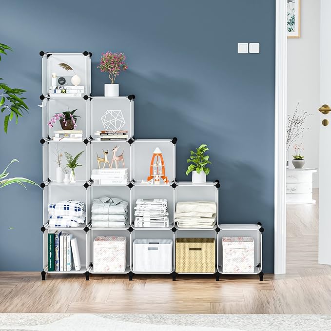 Neprock Cube Storage Organizer,16-Cube Shelf Closet Organizers and Storage Shelves,Book Shelves Wardrobe Clothes Organizer for Clothing Storage,Yarn Storage and Room Organization (Transparent White)