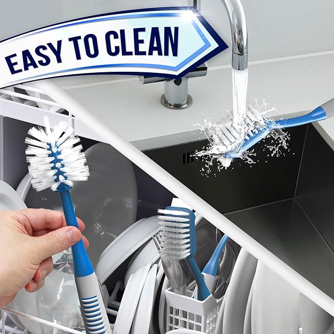 Dish Brush Set of 4 - Kitchen Scrub Brushes with Non-Slip Long Handle for Cleaning, Scrubber, Dishwashing, Dishes, Bottles, Straws, Cups, Pots & Sink, Blue