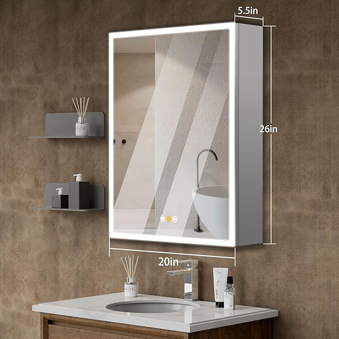 20”W x 26”H Medicine Cabinets for Bathroom with Mirror, Surface Mounted LED Medicine Cabinets Organizer with Defogger, Dimmer, Outlets & USB, Single Doors