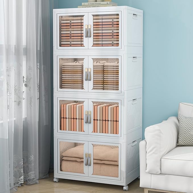 Large Stackable Storage Bins with Lids, 660QT-165QT*4Tier Foldable Cabinet for Closet Organizers, Plastic Storage Containers Box with Wheels