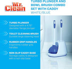Mr. Clean Toilet Plunger and Bowl Brush Combo with Caddy, 3-Piece Heavy-Duty Plunger, Toilet Brush, and Caddy Set, White/Blue