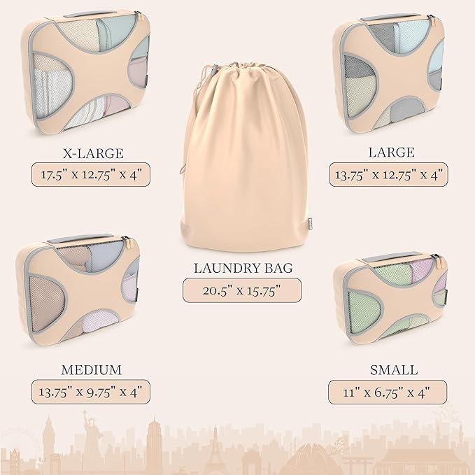 Shacke Premium 5 Packing Cubes Set - Lightweight Mesh Travel Luggage Organizers with Laundry Bag, 5-Piece Suitcase Storage System (Nude Biege)