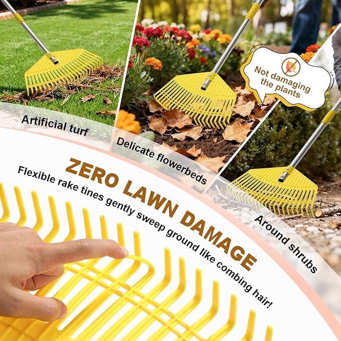 Leaf Rake - 17" Wide Nylon Plastic Head,65" Adjustable Handle,Heavy Duty for Leaves,Grass,Pine Needle,Mulch, Small Debris,Lawn-Friendly Tines,Lightweight for Women,Seniors & Kids
