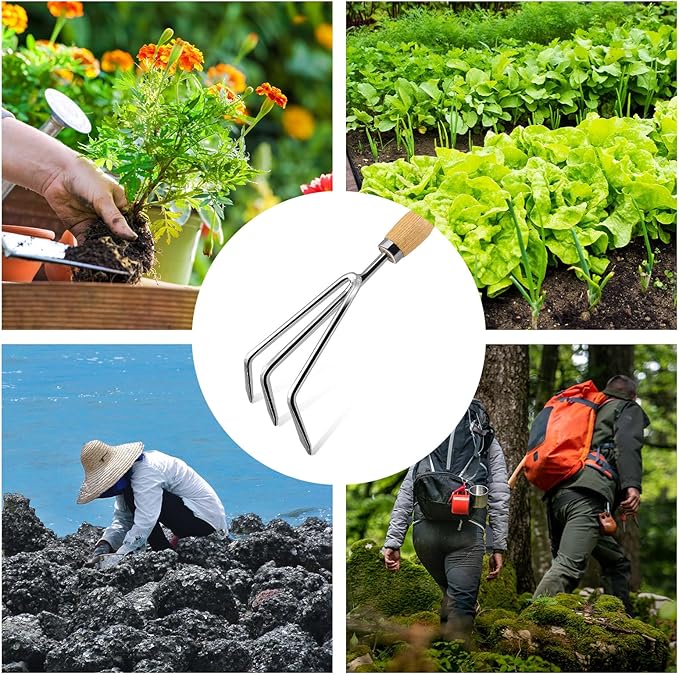 Metal Hand Cultivator Garden Tool with Wooden Handle，Manual Pitch Fork，Weed Digger Hand Tool (StyleB- 3 Pointed)