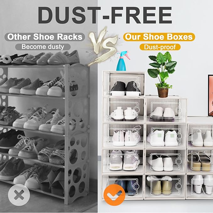 Kuject Large Shoe Organizers Storage Boxes for Closet, 12 Pack Clear Plastic Stackable Storage Bins with Lids, Under Bed Shoe Containers for Entryway, Fit up to Women's Size 10,Black,Off-white