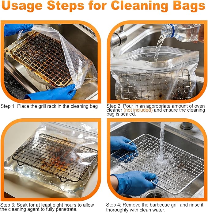 6 Pack No Scrub Oven Rack Cleaning Bags - Reusable Leakproof Soaking PE Bags, No Messy Hands for Grill Grates/BBQ Racks, No Cleaner Included