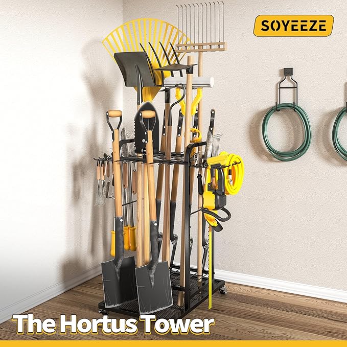 SOYEEZE Garden Tool Organizer with Lockable Wheels, Heavy Duty 3-Tier Yard Tower Tool Rack for Garage, Holds Up to 35 Long-Handled Tools, Garden Tool Cart with 12 Hooks for Tool Organization Storage