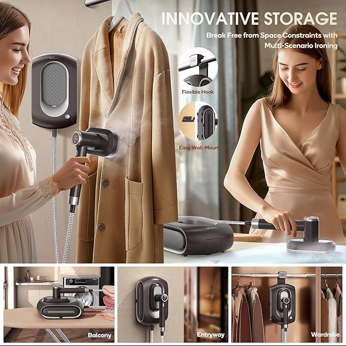 Newbealer 2In1 Pro Steam Station Iron, 1550W Turbo 3-level Steam & 3 Dry Heat Modes for Clothes, 30s Heat Up, 1.2L Tank, Auto-Off, Self Cleaning, Innovative Storage for Home & Hotel (Brown)