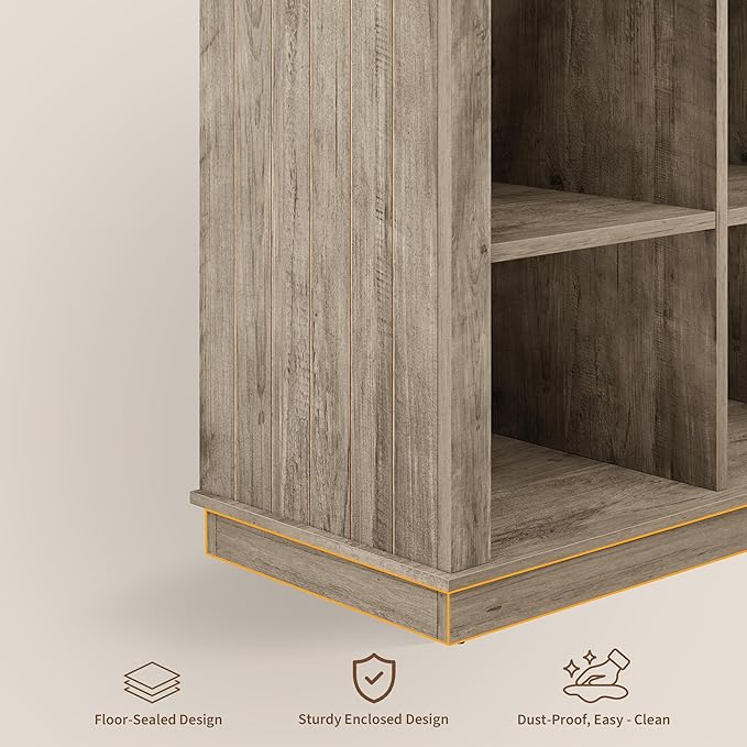 GarveeHome 8 Cube Storage Organizer Bookshelf, Farmhouse Horizontal Bookcase, 62 Inch Wood Storage Bookcase for Entryway, Long Low Bookshelves for Living Room (Grey, 8 Cube)