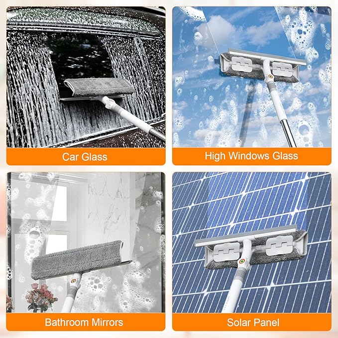 MUEE Window Cleaning kit,2-in-1 Adjustable Window Washing Squeegee Kit with Extension Pole,Squeegee Window Cleaner Tool with Scrubber and Rotating Head for Indoor and Outdoor Window