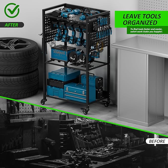 Utility Cart & Tool Organizer with 3-Tier Shelves, Pegboards & Electric Drill Holder | Heavy-Duty Rolling Cart for Garage & Workshop | Mobile Tool Storage & Gift for Men