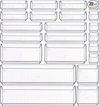 Criusia 22 Pcs Drawer Organizer Bins, Acrylic Non Slip Kitchen Drawer Organizers Storage Tray Divider, Multifunctional Storage for Cosmetics, Bathroom, Tools, Kitchen and Office
