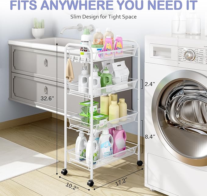 TOOLF 4-Tier Rolling Cart, Metal Utility Cart with 3 Hooks, Easy Assemble Mobile Storage Trolley On Wheels, Metal Shelving Units Kitchen Bathroom Laundry Room
