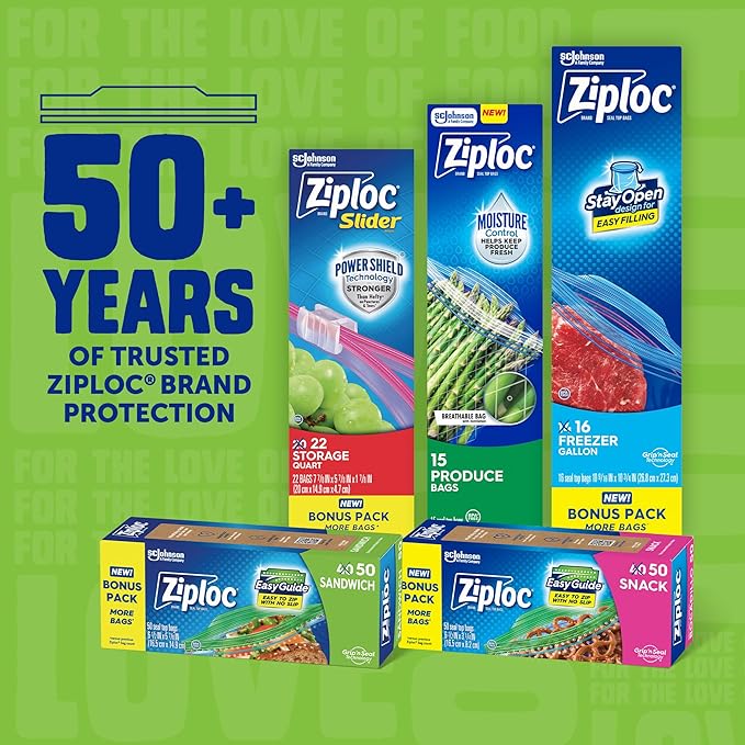 Ziploc Sandwich and Snack Bags, Easy Open and Close, Plastic Food Storage Bags, 50 Bags Total (Packaging May Vary)