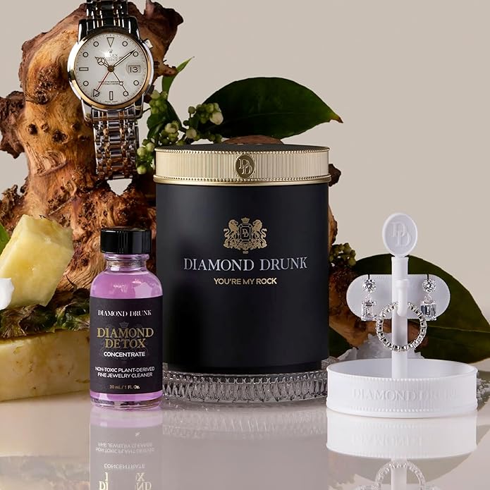 Diamond Drunk The Starter Collections - Non-Toxic, Fine Jewelry Cleaning Kit for Diamond, Gold, & Platinum Rings & More - 2 Months Supply of Safe, Sustainable Cleaner to Restore Shine - Patented Bauble Basket & Reusable Vessel