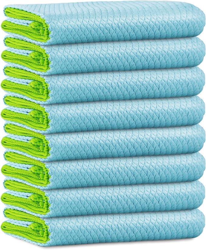 Microfiber Cleaning Cloth Lint Free Glass Cleaner Window Polishing Streak Free Miracle Easy Clean Rag Reusable for Mirror Kitchen Dish Auto Detailing,Pack of 8, 12'' x 16'', Light Blue