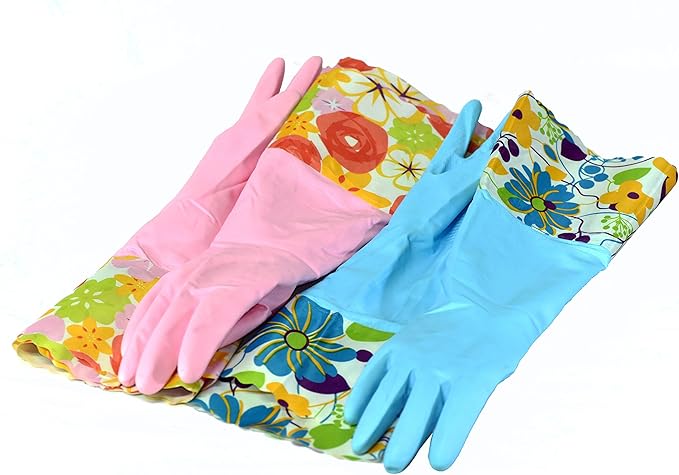 2 PAIRS Household Gloves Latex Free Cleaning Gloves with Soft Lining Long Cuff 15" & Grip, Medum, Pink/Blue