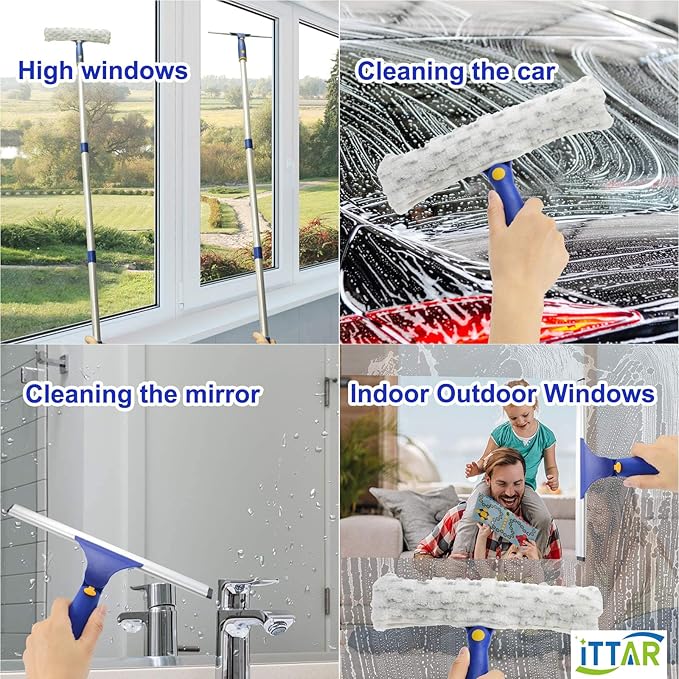 ‌ITTAR Window Squeegee Cleaner Kit, 5Ft Extendable Stainless Steel Pole with Rotatable Rubber Squeegee & 2 Microfiber Scrubber Pads, Professional Window Cleaning Tool for Home, Shower, Car, Windshield