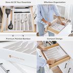 Premium Silverware, Flatware and Utensil Organizer for Kitchen Drawers, Food-Safe Contract Grade, Expandable from 10.5 to 19 In, White Bamboo