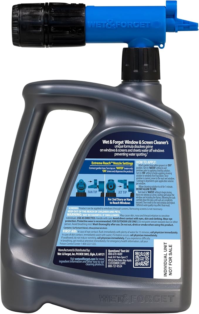 Wet & Forget Window & Screen Cleaner – Outdoor Window Cleaner Spray & Hose Attachment; No Scrubbing, Superior Scrub-Free Shine for Windows & Screens; 48oz (Pack of 2)