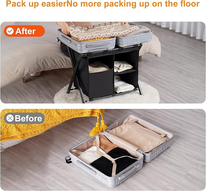 Heybly Luggage Rack with Laundry Bag,Steel Folding Suitcase Stand for Bedroom, Hotel, Foldable Steel Frame, Guest Room Bedroom Hote, 23.62" L x 15.57" W x 24.21" H, Black,HLR006B1