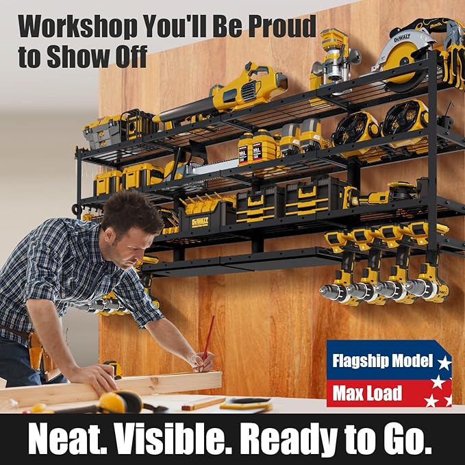 64''W XLarge Power Tool Organizer Wall Mount | Modular & Corner-Fit 820lbs Storage Rack with 8 Cordless Drill Holder | 4-Tier Heavy Duty Metal Utility Shelf for Garage Workshop Organization