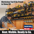 64''W XLarge Power Tool Organizer Wall Mount | Modular & Corner-Fit 820lbs Storage Rack with 8 Cordless Drill Holder | 4-Tier Heavy Duty Metal Utility Shelf for Garage Workshop Organization