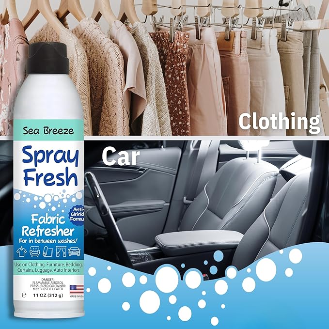 Spray Fresh Fabric Refresher - Deodorizer & Freshener for Clothing, Bedding, Furniture & More - Eliminate Smoke Smell & Pesky Odors - Helps Prevent Fabric from Wrinkling (Sea Breeze)