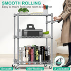 Metal Rolling Cart, 3 Tier Kitchen Cart with Wheels Wire Utility Trolley with Handle, Heavy Duty Tiered Rolling Shelf Trolley for Food Serving Tools Storage, Gray