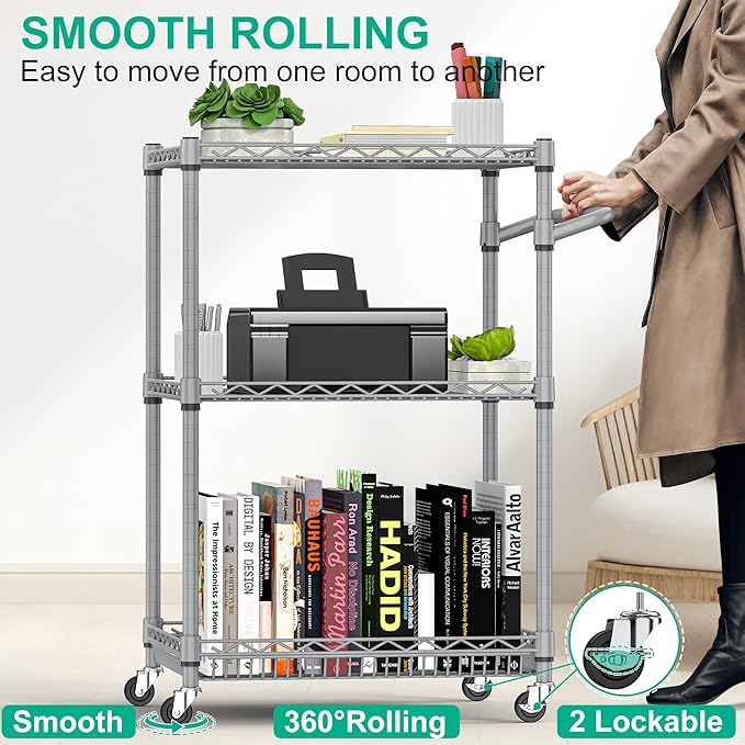 Metal Rolling Cart, 3 Tier Kitchen Cart with Wheels Wire Utility Trolley with Handle, Heavy Duty Tiered Rolling Shelf Trolley for Food Serving Tools Storage, Gray
