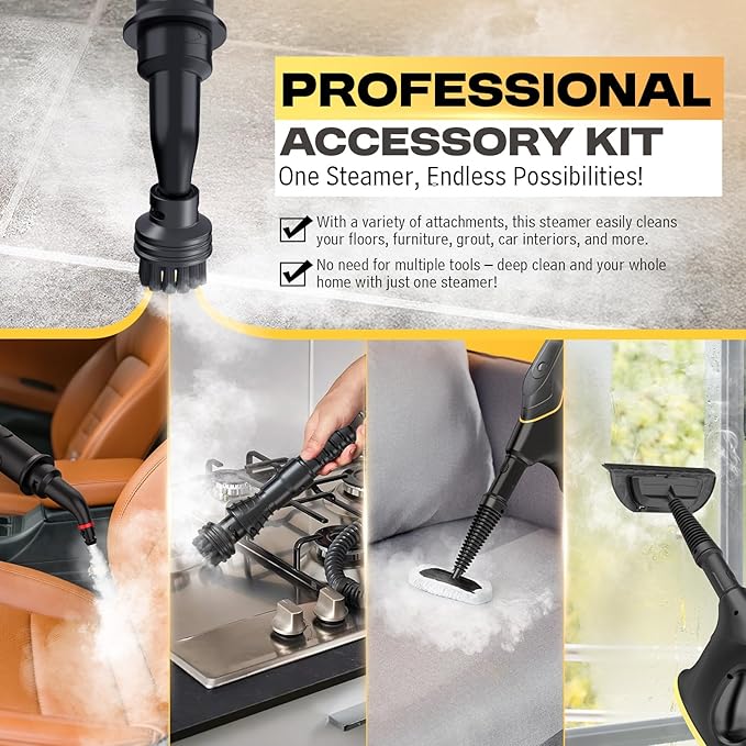 Heavy Duty Steam Cleaner with Continuous Spray & Safety Lock, Multipurpose Handheld Steamer for Home Use, 10S Fast Heating Steamer with 9PC Accessories for Car Furniture Kitchen Grout and Upholstery