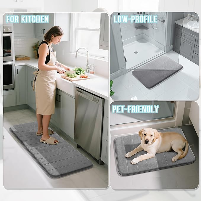 Yimobra Long Bath Mat 44"x24", Super Soft Quick Dry Memory Foam Bathroom Rug, Water Absorbent, Non Slip Backing Machine Washable for Tub Shower, Thick Comfort Support, Gray