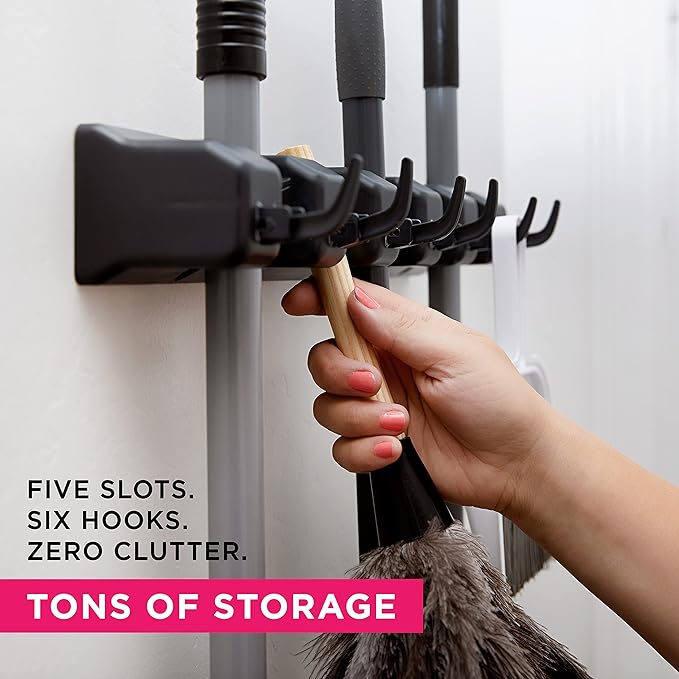 Combo 5 Slot Broom Holder w/ 1 Self Adhesive Mop Gripper No-Drilling, Wall Mount Tool Organizers For Kitchen, Garage, Laundry Room- Anti-Slip Hanger For Brooms, Mops, Rakes, Dustpans (Black/Black)