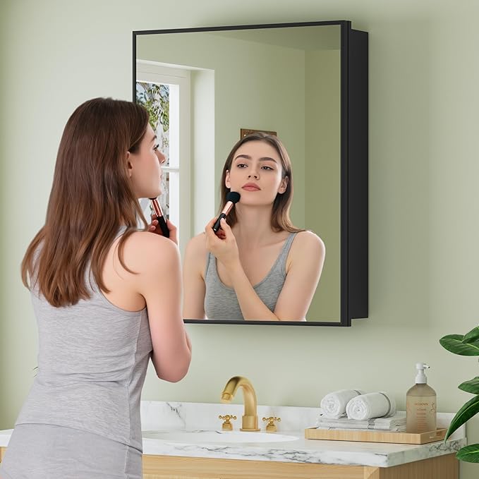 Buruis 24" x 30" Framed Medicine Cabinet with Mirror, Recessed or Wall Mounted Bathroom Cabinet, Adjustable Tempered Glass Shelves, Left/Right Open Reversible, No Assembly Required, Black