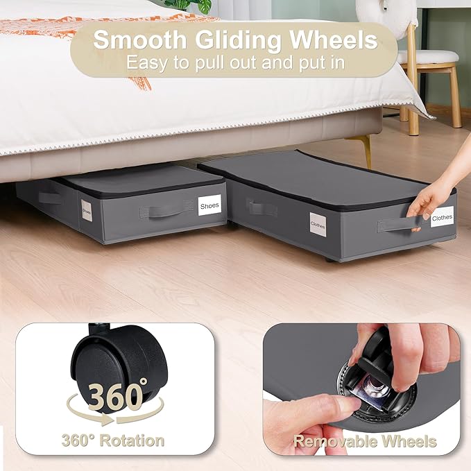 Under Bed Storage with Wheels, 2 Pack Under Bed Storage Containers with Label Holders for Clothes, Shoes and Blankets, Rolling Underbed Shoe Organizer with Cover, Grey (30.71x15.7x7.28 in)