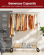 Sakugi Heavy Duty Stainless Steel Rolling Clothes Rack with Mesh Shelf, Lockable Wheels & Anti-Slip Stoppers, Large Capacity Clothing Organizer for Bedroom, Laundry Room, 42.5" x 16.5" x 65.9", Silver