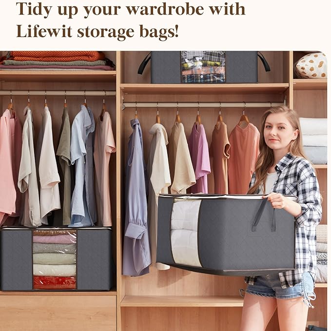 Lifewit Large Capacity Clothes Storage Bag Organizer with Reinforced Handle Thick Fabric for Comforters, Blankets, Bedding, Foldable with Sturdy Zipper, Clear Window, 12 Pack, 90L, Grey