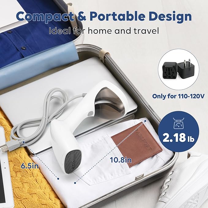 Portable Steamer for Clothes 1200W, 3-Level Steam Adjustment, 15s Fast Heat-up, Garment Steamer Wrinkles Remover with Brush, 265ml Water Tank for Home Travel Office (120V Only)