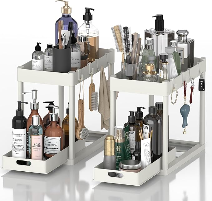 2PC Under Sink Organizer Rack 2 Tier Under Sliding Cabinet Basket Organizer Drawer with 4 Hooks, Multi-purpose Under Sink Storage for Bathroom Kitchen Desktop（White）