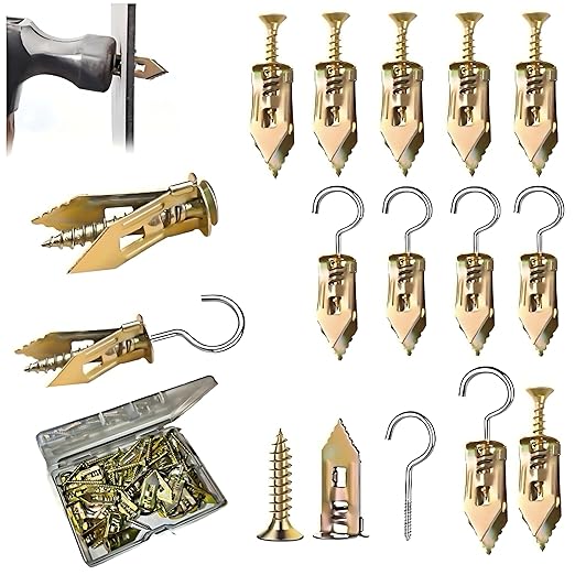 60Pcs Self Drilling Drywall Anchors Kit (30 Anchors +25 Screws +5 Hooks) - No Drill Needed, Reusable Wall Anchors for TV, Shelves, Cabinets - Zinc Plated Steel & Stainless Drywall Repair Kit