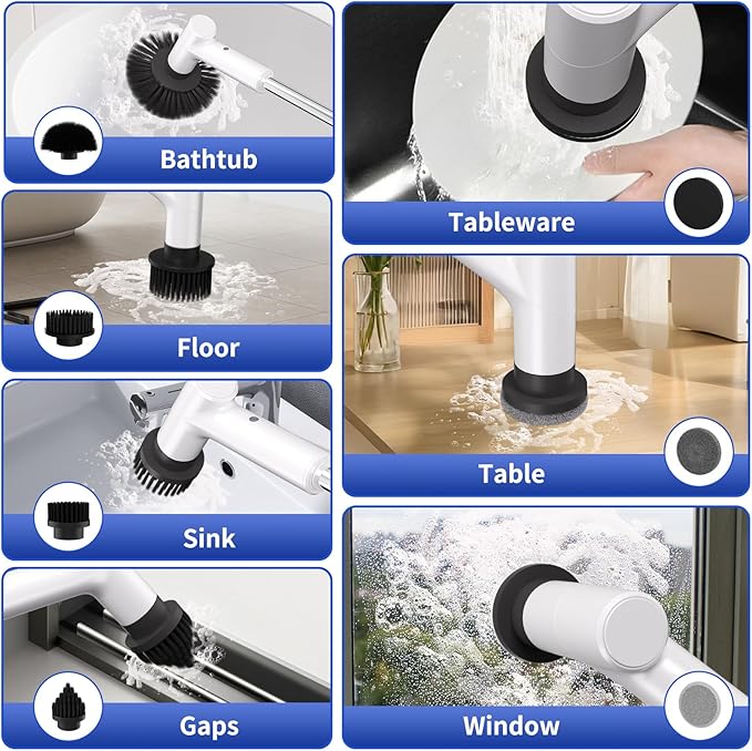Electric Spin Scrubber, Cordless Shower Scrubber with 7 Replacement Brush Heads, IPX5 Waterproof Bathroom Scrubber with Adjustable Handle, 2 Speed Power Cleaning Brush for Cleaning