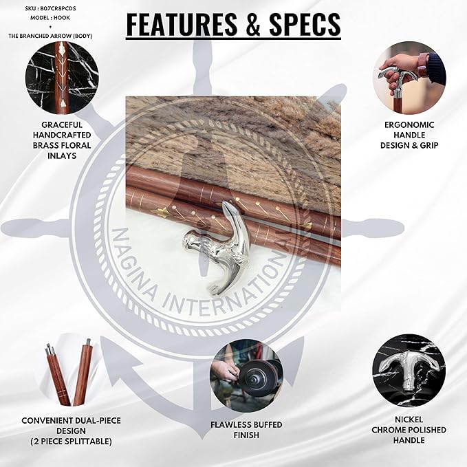 Deluxe Walking Sticks | Rosewood Crafted Cane with Solid Brass Chrome Decorative Bars | Nagina International