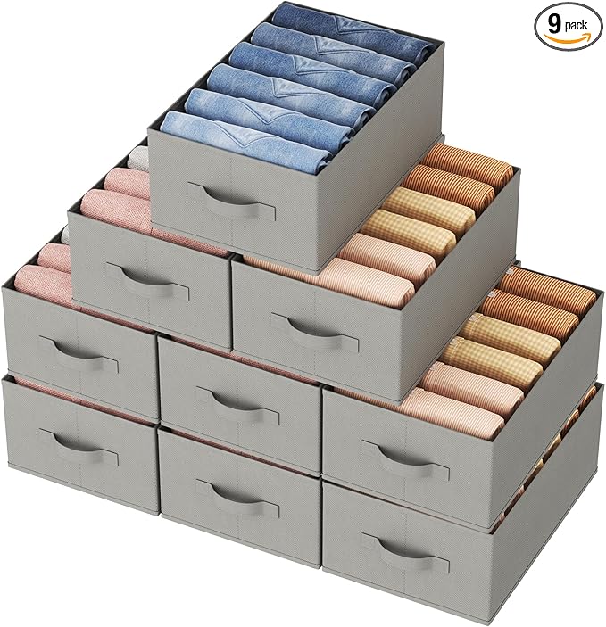 Lifewit 9 Pack Clothes Organizer, 6 Grids Closet Jean Storage Bins with Handles and Support Boards, Foldable Drawer Organizer for Sweater, Pants, T-shirt, Dress, Grey, Size 16.5''x10.6''x7.1''