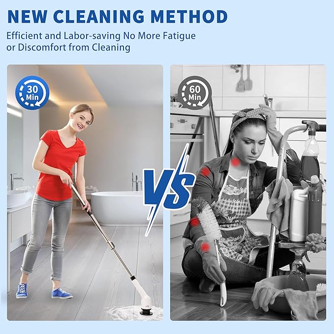 Electric Spin Scrubber, 9 in 1 Cordless Cleaning Brush with Type C USB Port, Charger, 3 Adjustable Speed, LED Display, Electric Scrubber for Cleaning Bathroom Tub Tile Floor (Fixed Head)