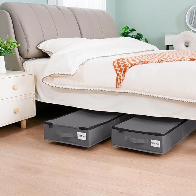 Under Bed Storage with Wheels, 2 Pack Under Bed Storage Containers with Label Holders for Clothes, Shoes and Blankets, Rolling Underbed Shoe Organizer with Cover, Grey (30.71x15.7x7.28 in)