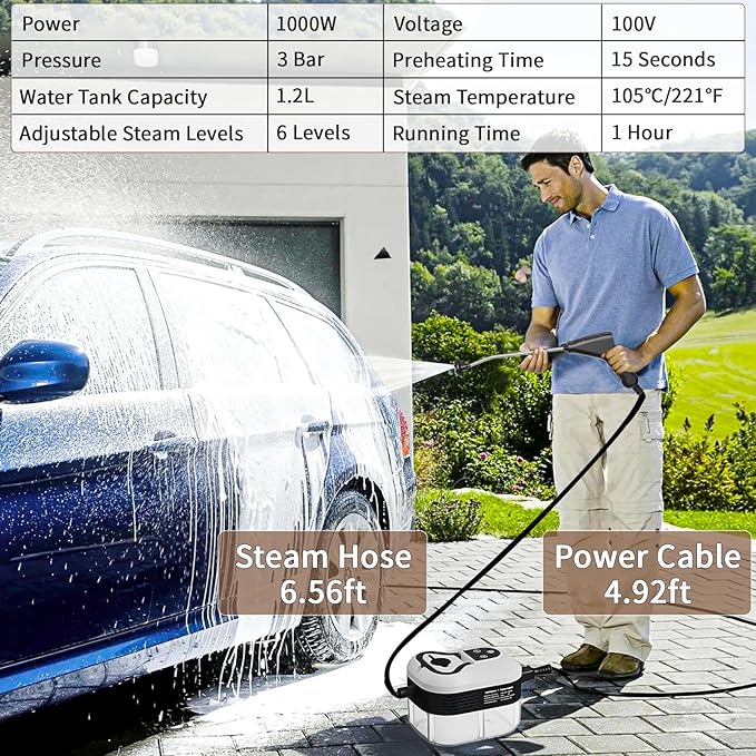 Portable Steam Cleaner, 2500W Pressurized Handheld Steam Cleaner with 1.2L Water Tank, 6 Levels Steam Output, 15s Fast Heating Steamer for Cleaning Home Furniture, Bathroom, Car Detailing (White)