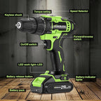WORKBLESS 21V Power Drill Set, Cordless Drill with 2 Batteries and Charger, 3/8'' Keyless Chuck, Variable Speed, 18+1 Torque Setting and 28pcs Bits Tool Set(Green)