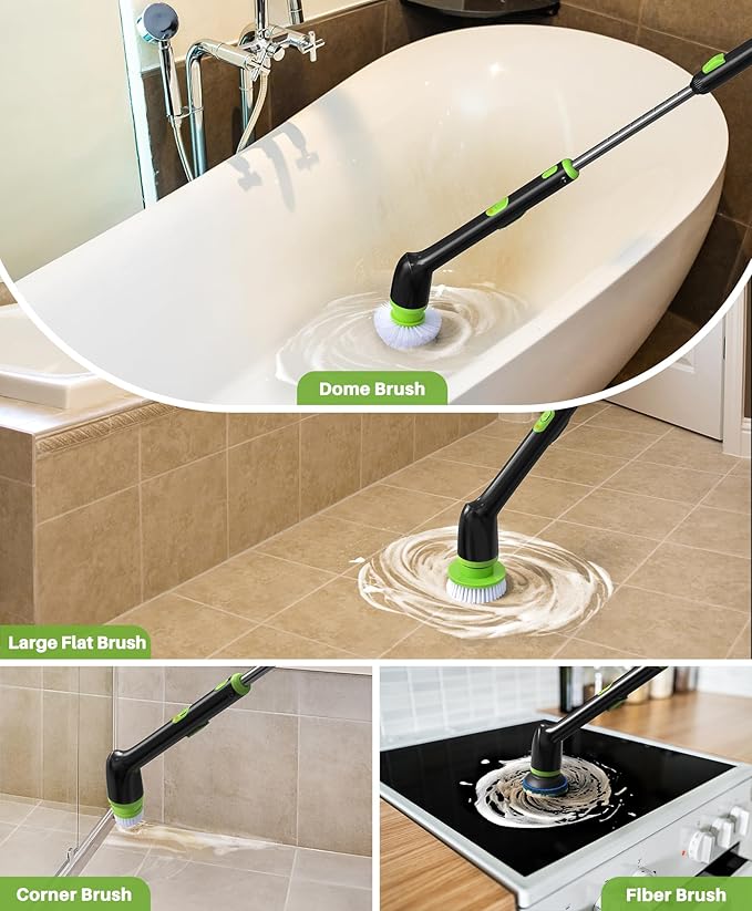 LyriFine Electric Spin Scrubber, 2024 New Full-Body IPX7 Waterproof Bathroom Cleaner Brush, Shower Scrubber with Long Handle & 2 Speed, Heads Replacement, Cleaning Supplies for Tub Shower Tile Floor