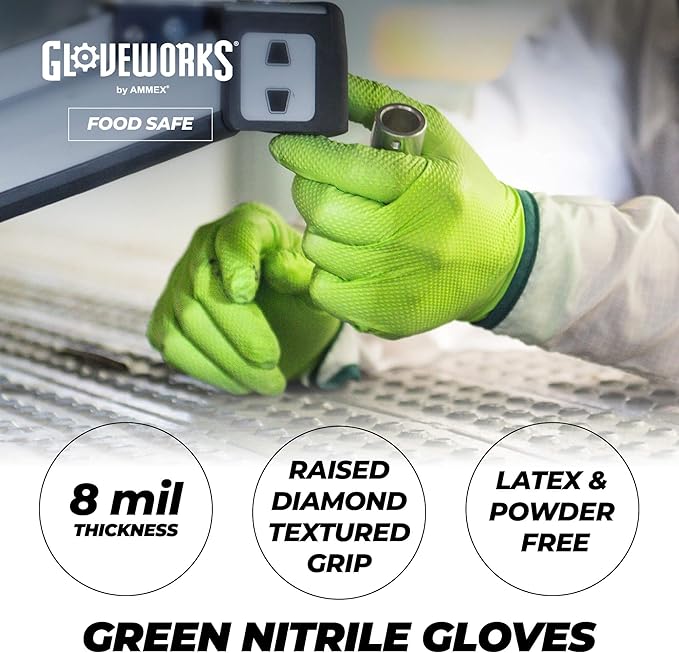 GLOVEWORKS HD Green Gloves, 8 Mil Nitrile Disposable Heavy Duty Raised Diamond Grip Mechanic Glove, Bulk Purchasing Options